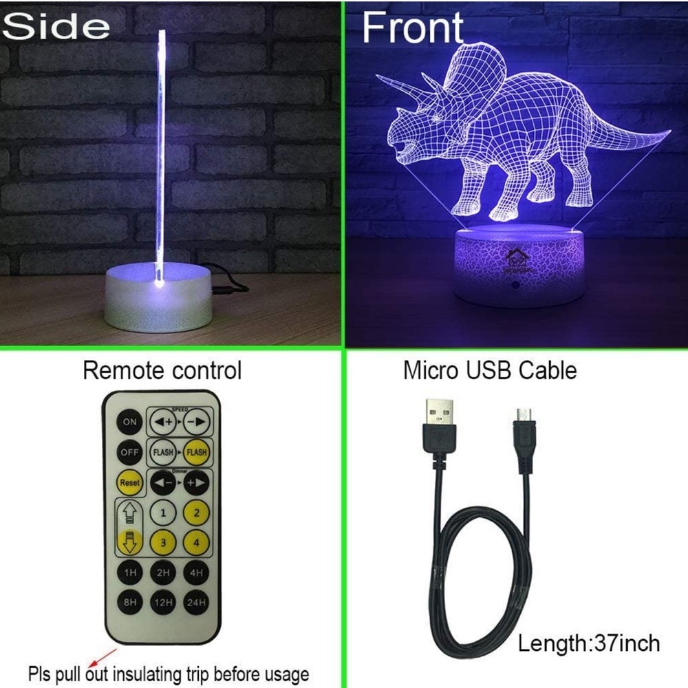 3D Night Lights Lamp 7 Colors Changing Touch Switch Remote Control (Triceratops) - Picture 5 of 5